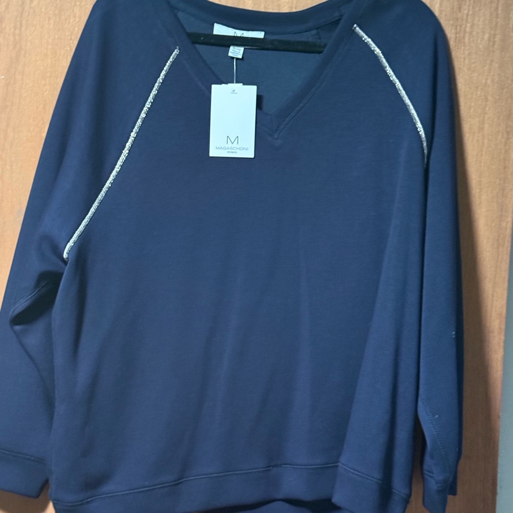 Navy Blue V-Neck Sweatshirt with Silver Accents